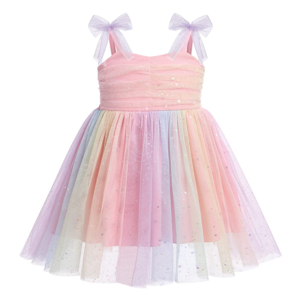 ABEHIK Toddler Girls Dresses Birthday Party Dress Baby Kids Bowknot Sequin Spaghetti Straps Tulle Tutu Princess Dress Pageant Holiday Cake Smash Photoshoot Dress Rainbow 3-4Y