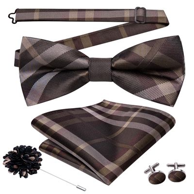 Hi-Tie Pretied Bow Ties for Men Wedding Formal Bow Tie Handkerchief Cufflinks Lapel Pin Set Party Formal Mens Bowtie Set, Brown Plaid