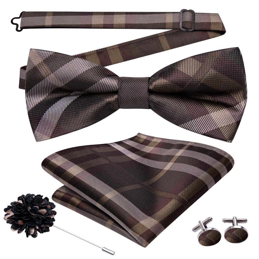 Hi-Tie Pretied Bow Ties for Men Wedding Formal Bow Tie Handkerchief Cufflinks Lapel Pin Set Party Formal Mens Bowtie Set, Brown Plaid