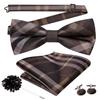 Hi-Tie Pretied Bow Ties for Men Wedding Formal Bow Tie Handkerchief Cufflinks Lapel Pin Set Party Formal Mens Bowtie Set, Brown Plaid view 1