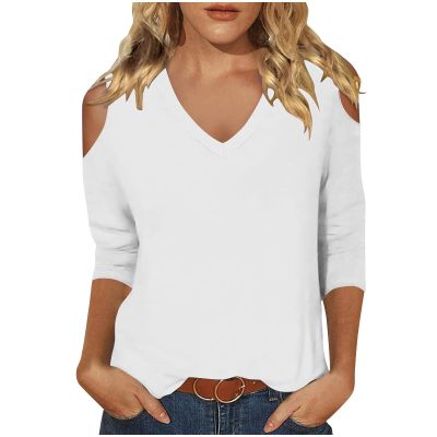 3/4 Length Sleeve Womens Tops Sexy Off The Shoulder Tops for Women Summer V Neck T-Shirt Solid Color/Graphic Tees 2025 Casual Clothes Business Dressy Top Trendy Going Out Shirts Boho Fashion Cute
