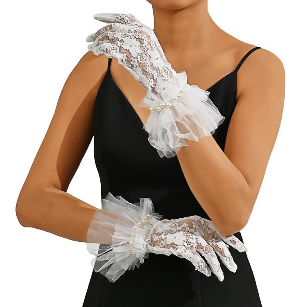 Eyret Short Lace Wedding Gloves White Pearl Bridal Gloves Tea Party Gloves Prom Accessories for Women and Girls