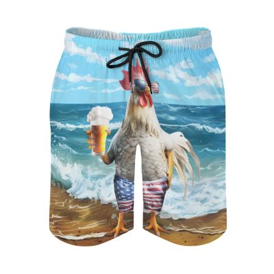 Pynnlts Patriotic Rooster Beer Men's Swim Trunks Chicken Sea Waves Board Shorts American Flag Drawstring Swimsuit with Pockets 5X_l