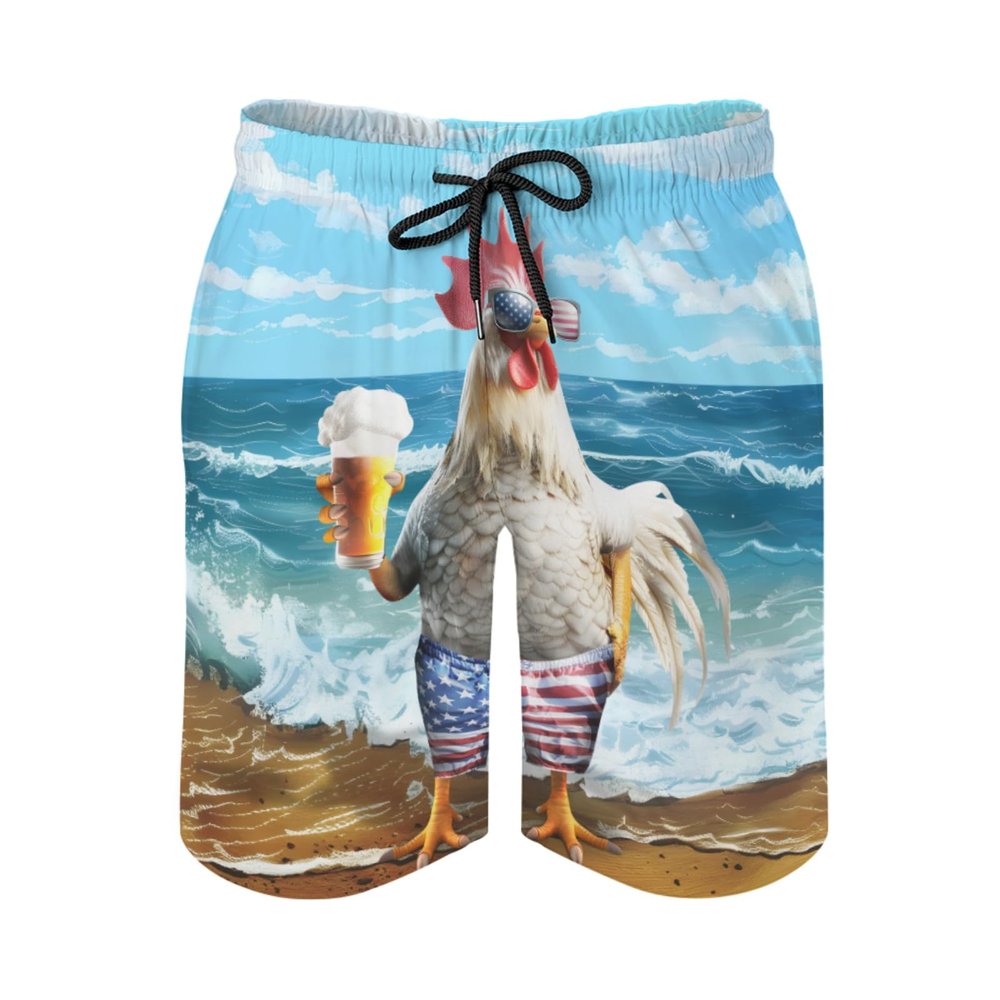 Pynnlts Patriotic Rooster Beer Men's Swim Trunks Chicken Sea Waves Board Shorts American Flag Drawstring Swimsuit with Pockets 5X_l