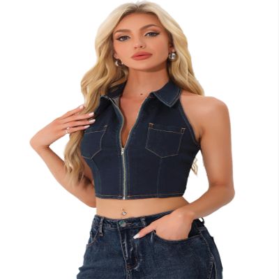 Allegra K Denim Halter Top for Women's Zipper Up Collared Sleeveless Jean Corset X-Small Black Blue