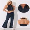 Allegra K Denim Halter Top for Women's Zipper Up Collared Sleeveless Jean Corset X-Small Black Blue view 2