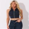 Allegra K Denim Halter Top for Women's Zipper Up Collared Sleeveless Jean Corset X-Small Black Blue view 4