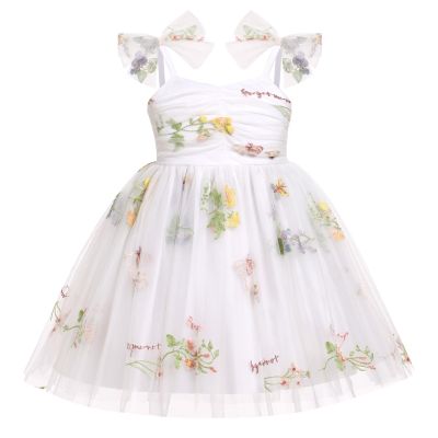 ABEHIK Baby Girls Birthday Party Dress Toddler Kids Bowknot Sequin Spaghetti Straps Tulle Tutu Princess Dress Floral Embroidery Cake Smash Photoshoot Dresses White 6-12M