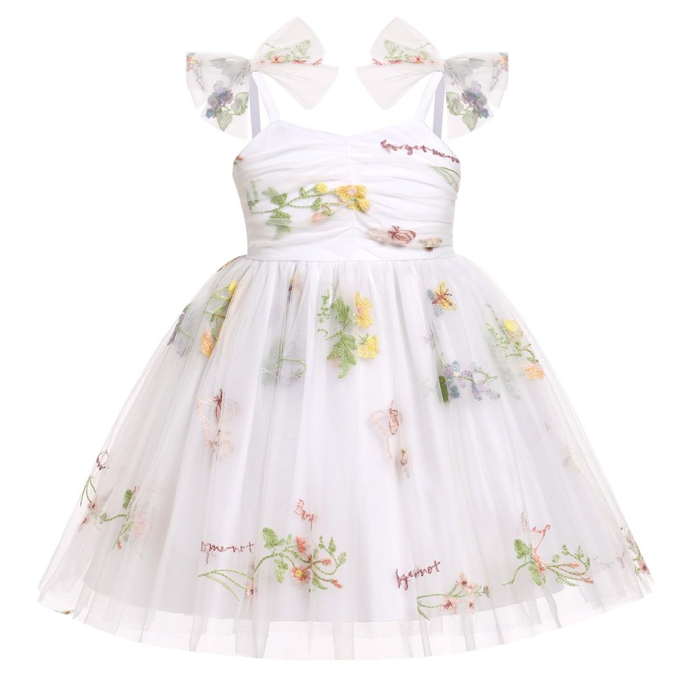 ABEHIK Baby Girls Birthday Party Dress Toddler Kids Bowknot Sequin Spaghetti Straps Tulle Tutu Princess Dress Floral Embroidery Cake Smash Photoshoot Dresses White 6-12M