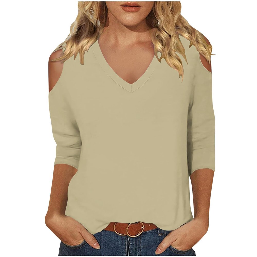 3/4 Length Sleeve Womens Tops Sexy Off The Shoulder Tops for Women Summer V Neck T-Shirt Solid Color/Graphic Tees 2025 Casual Clothes Business Dressy Top Trendy Going Out Shirts Boho Fashion Cute