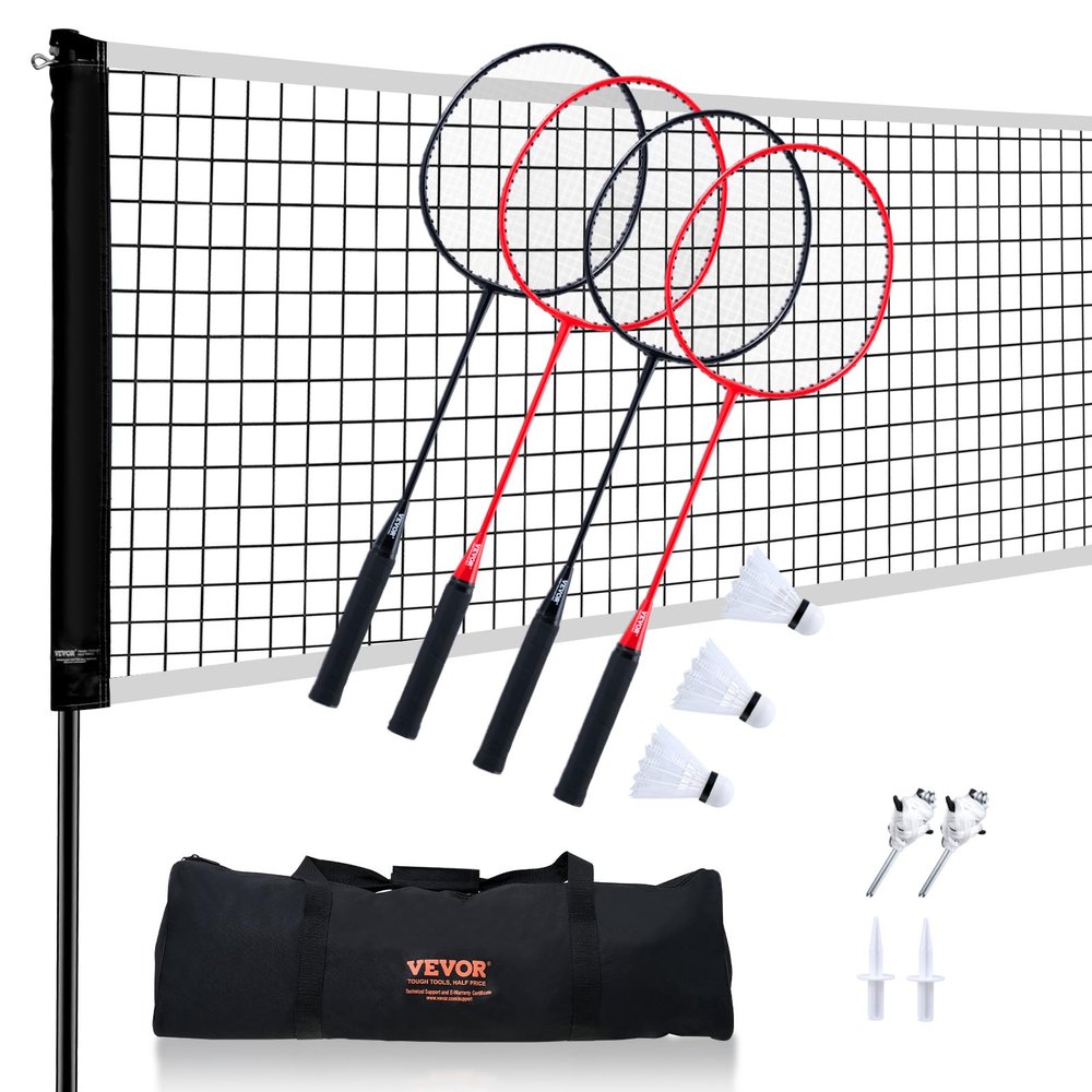 VEVOR Badminton Net Set, Outdoor Backyard Beach Park Badminton Net, Portable Badminton Equipment Set, Adults Kids Badminton Net with Poles, Carrying Bag, 4 Iron Rackets, and 3 Nylon Shuttlecocks, 1 inch Tube Diameter