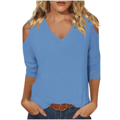 3/4 Length Sleeve Womens Tops Sexy Off The Shoulder Tops for Women Summer V Neck T-Shirt Solid Color/Graphic Tees 2025 Casual Clothes Business Dressy Top Trendy Going Out Shirts Boho Fashion Cute
