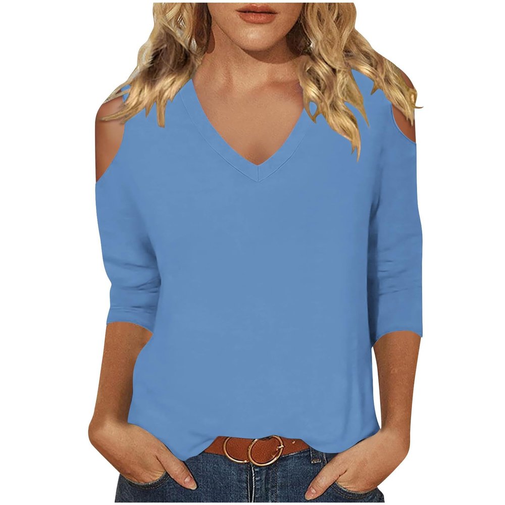 3/4 Length Sleeve Womens Tops Sexy Off The Shoulder Tops for Women Summer V Neck T-Shirt Solid Color/Graphic Tees 2025 Casual Clothes Business Dressy Top Trendy Going Out Shirts Boho Fashion Cute