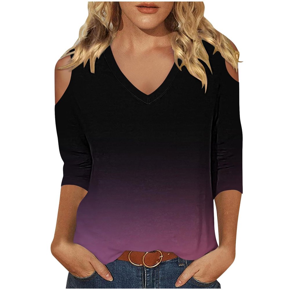 3/4 Length Sleeve Womens Tops Sexy Off The Shoulder Tops for Women Summer V Neck T-Shirt Solid Color/Graphic Tees 2025 Casual Clothes Business Dressy Top Trendy Going Out Shirts Boho Fashion Cute