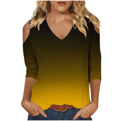 3/4 Length Sleeve Womens Tops Sexy Off The Shoulder Tops for Women Summer V Neck T-Shirt Solid Color/Graphic Tees 2025 Casual Clothes Business Dressy Top Trendy Going Out Shirts Boho Fashion Cute