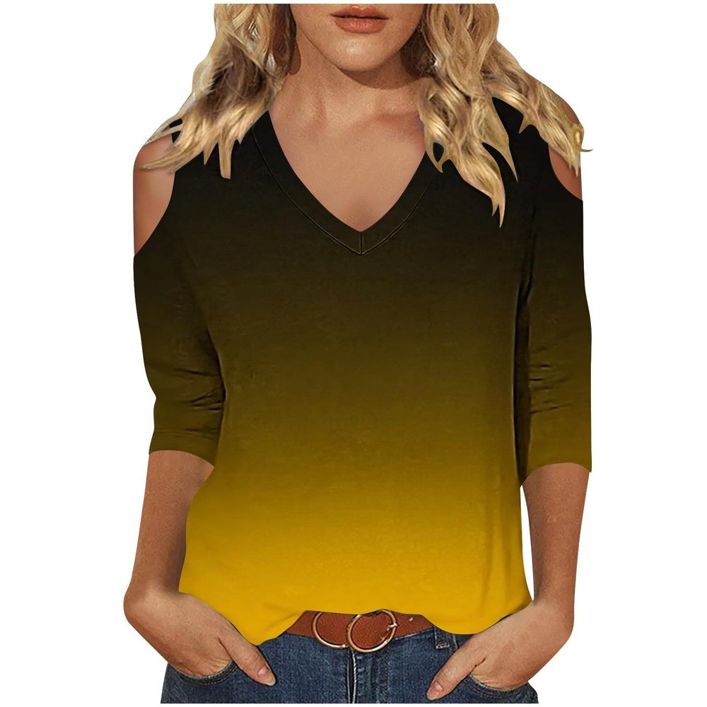 3/4 Length Sleeve Womens Tops Sexy Off The Shoulder Tops for Women Summer V Neck T-Shirt Solid Color/Graphic Tees 2025 Casual Clothes Business Dressy Top Trendy Going Out Shirts Boho Fashion Cute