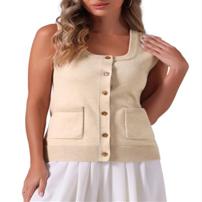Allegra K Sweater Vest for Womens Summer Scoop Neck Top Button Sleeveless Ribbed Knitted Tank Top X-Small Apricot