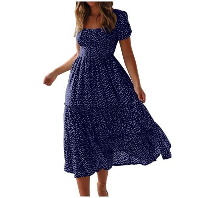 Womens Summer Dresses midi Polka dot Dress Short Sleeve Ruffle Boho Dress Casual Trendy Vacation Elegant Sundress Blue