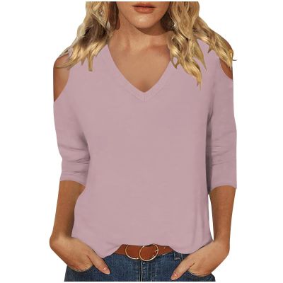 3/4 Length Sleeve Womens Tops Sexy Off The Shoulder Tops for Women Summer V Neck T-Shirt Solid Color/Graphic Tees 2025 Casual Clothes Business Dressy Top Trendy Going Out Shirts Boho Fashion Cute