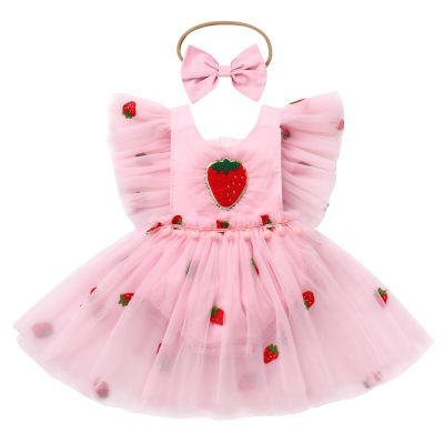 Baby Girls 1st Birthday Outfit Flutter Sleeve Embroidered Daisy Flower Strawberry Ruffle Romper Tulle Dress with Headband Backless Toddlers Cake Smash Clothes Photo Shoot Pink Strawberry 0-3 Moths