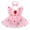 Baby Girls 1st Birthday Outfit Flutter Sleeve Embroidered Daisy Flower Strawberry Ruffle Romper Tulle Dress with Headband Backless Toddlers Cake Smash Clothes Photo Shoot Pink Strawberry 0-3 Moths view 1