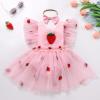 Baby Girls 1st Birthday Outfit Flutter Sleeve Embroidered Daisy Flower Strawberry Ruffle Romper Tulle Dress with Headband Backless Toddlers Cake Smash Clothes Photo Shoot Pink Strawberry 0-3 Moths view 2