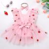 Baby Girls 1st Birthday Outfit Flutter Sleeve Embroidered Daisy Flower Strawberry Ruffle Romper Tulle Dress with Headband Backless Toddlers Cake Smash Clothes Photo Shoot Pink Strawberry 0-3 Moths view 3
