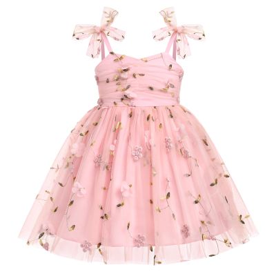 ABEHIK Baby Girls 1st Birthday Outfit Toddler Kids Bowknot Sequin Spaghetti Straps Tulle Tutu Princess Dress Floral Cake Smash Photoshoot Wedding Guest Party Dress Pink 2-3Y