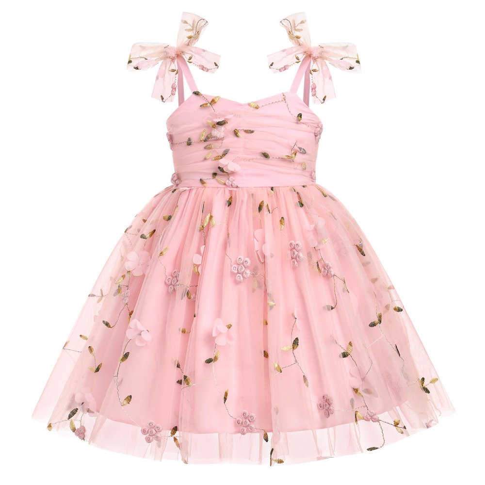 ABEHIK Baby Girls 1st Birthday Outfit Toddler Kids Bowknot Sequin Spaghetti Straps Tulle Tutu Princess Dress Floral Cake Smash Photoshoot Wedding Guest Party Dress Pink 2-3Y
