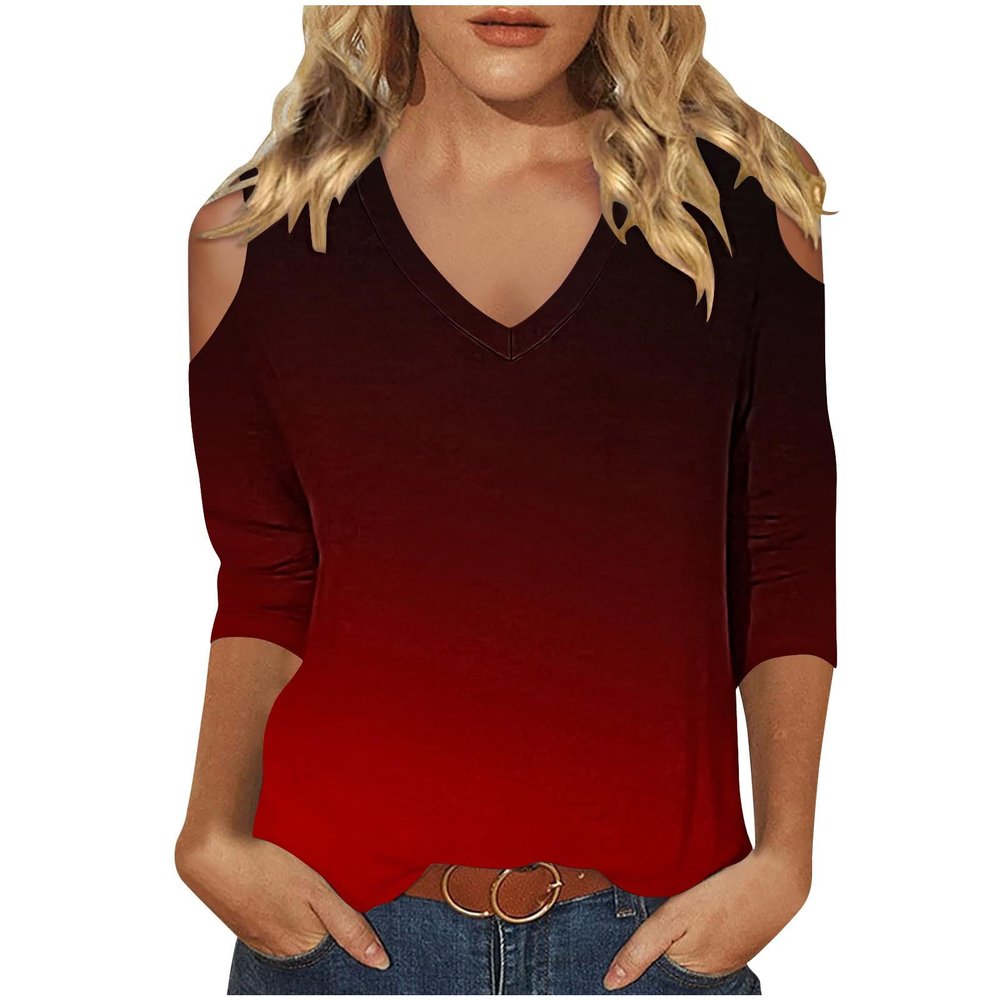 3/4 Length Sleeve Womens Tops Sexy Off The Shoulder Tops for Women Summer V Neck T-Shirt Solid Color/Graphic Tees 2025 Casual Clothes Business Dressy Top Trendy Going Out Shirts Boho Fashion Cute