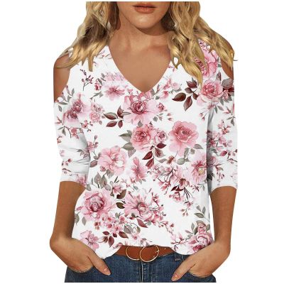 3/4 Length Sleeve Womens Tops Sexy Off The Shoulder Tops for Women Summer V Neck T-Shirt Solid Color/Graphic Tees 2025 Casual Clothes Business Dressy Top Trendy Going Out Shirts Boho Fashion Cute