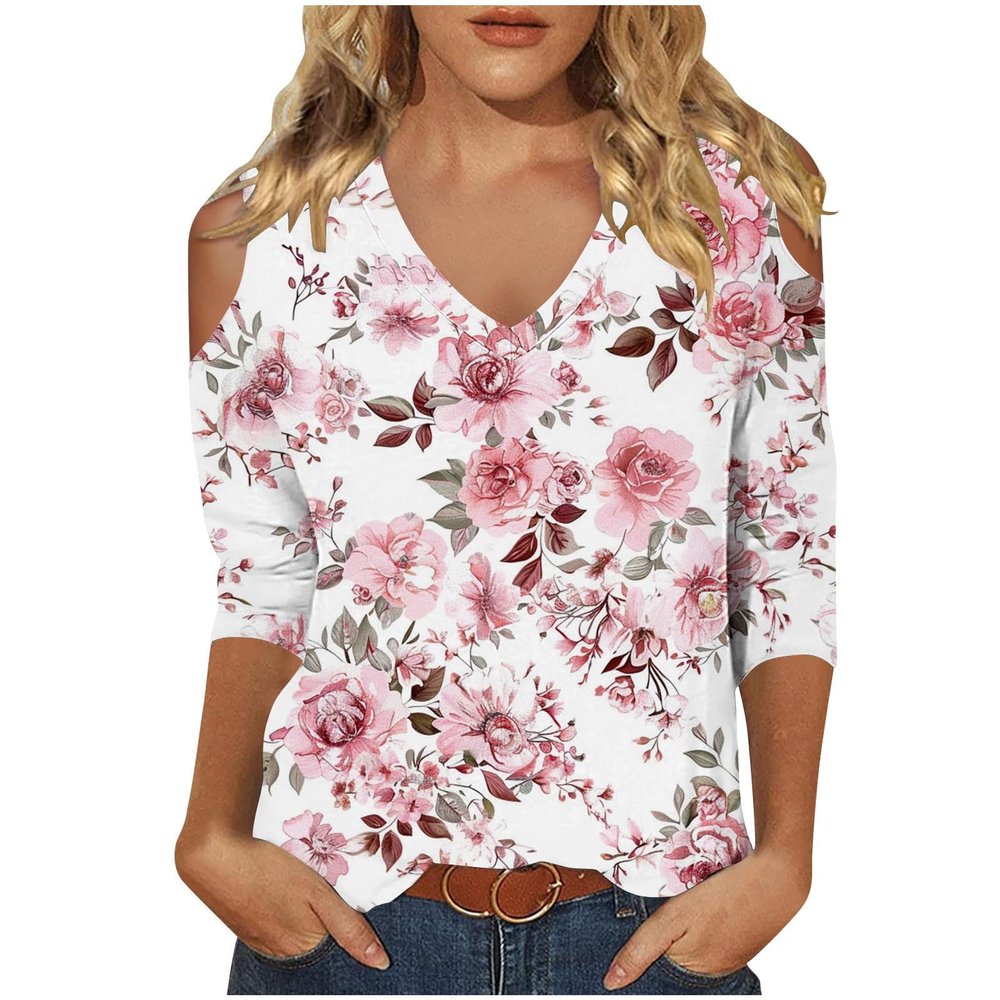 3/4 Length Sleeve Womens Tops Sexy Off The Shoulder Tops for Women Summer V Neck T-Shirt Solid Color/Graphic Tees 2025 Casual Clothes Business Dressy Top Trendy Going Out Shirts Boho Fashion Cute