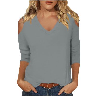 3/4 Length Sleeve Womens Tops Sexy Off The Shoulder Tops for Women Summer V Neck T-Shirt Solid Color/Graphic Tees 2025 Casual Clothes Business Dressy Top Trendy Going Out Shirts Boho Fashion Cute