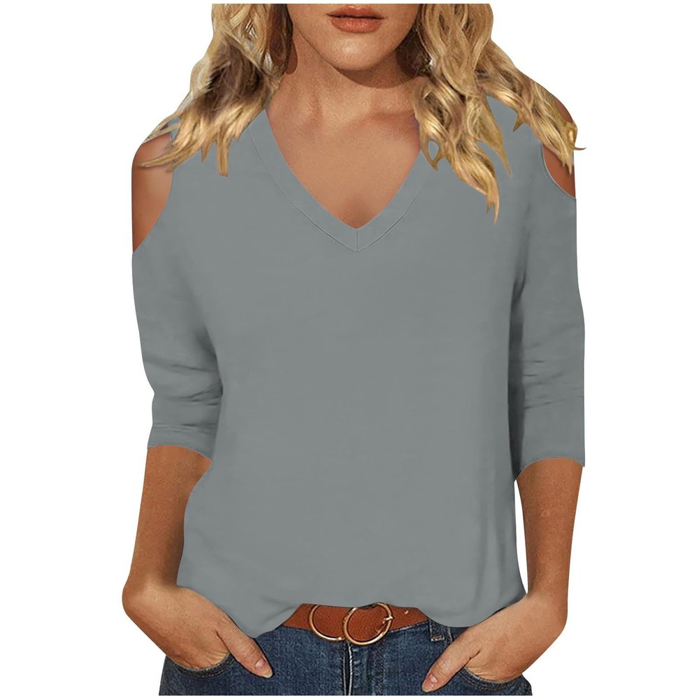 3/4 Length Sleeve Womens Tops Sexy Off The Shoulder Tops for Women Summer V Neck T-Shirt Solid Color/Graphic Tees 2025 Casual Clothes Business Dressy Top Trendy Going Out Shirts Boho Fashion Cute
