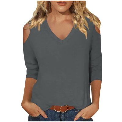 3/4 Length Sleeve Womens Tops Sexy Off The Shoulder Tops for Women Summer V Neck T-Shirt Solid Color/Graphic Tees 2025 Casual Clothes Business Dressy Top Trendy Going Out Shirts Boho Fashion Cute