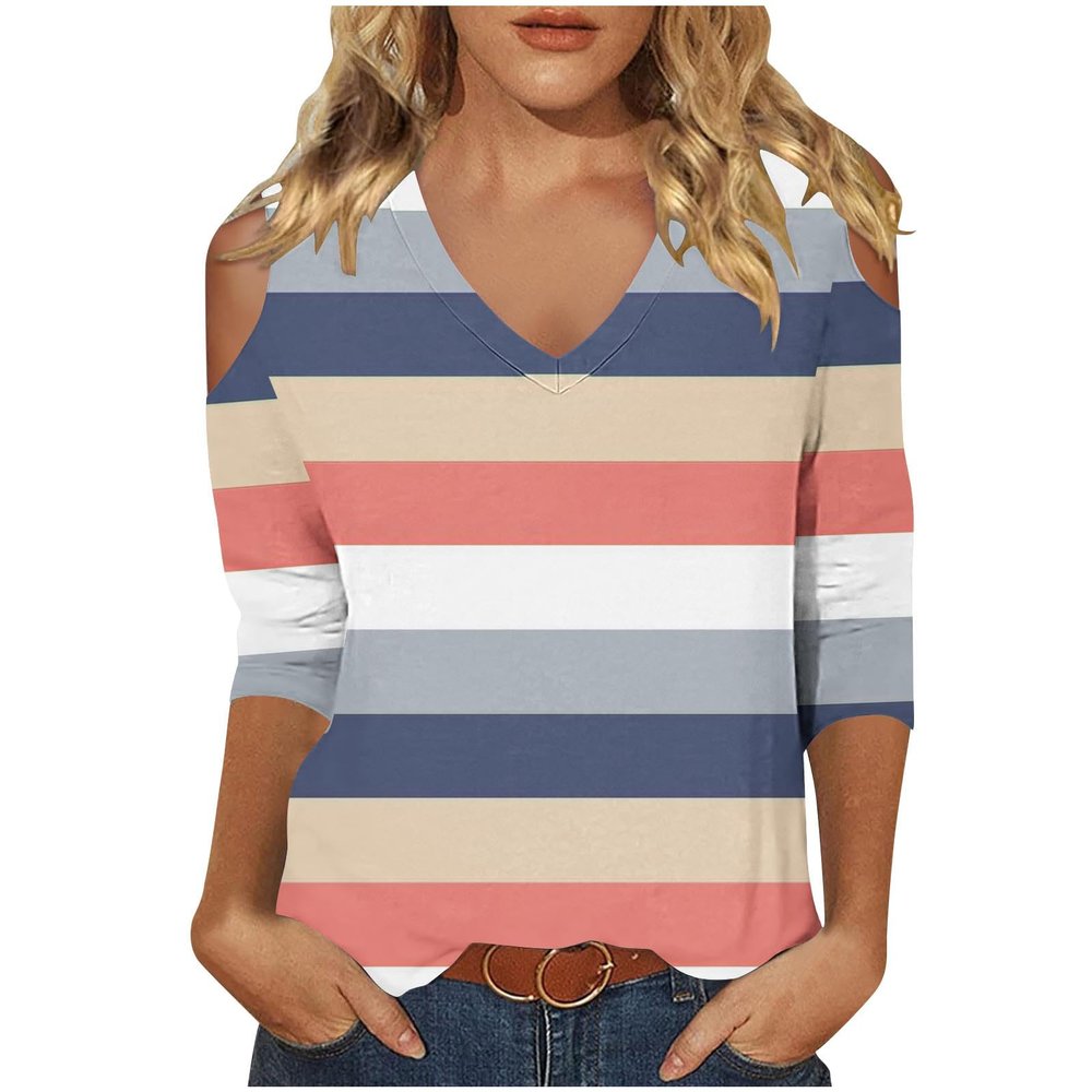 3/4 Length Sleeve Womens Tops Sexy Off The Shoulder Tops for Women Summer V Neck T-Shirt Solid Color /Graphic Tees 2025 Casual Clothes Business Dressy Top Trendy Going Out Shirts Boho Fashion Cute