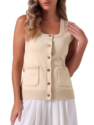 Allegra K Sweater Vest for Womens Summer Scoop Neck Top Button Sleeveless Ribbed Knitted Tank Top Small Apricot