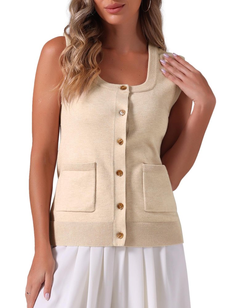 Allegra K Sweater Vest for Womens Summer Scoop Neck Top Button Sleeveless Ribbed Knitted Tank Top Small Apricot