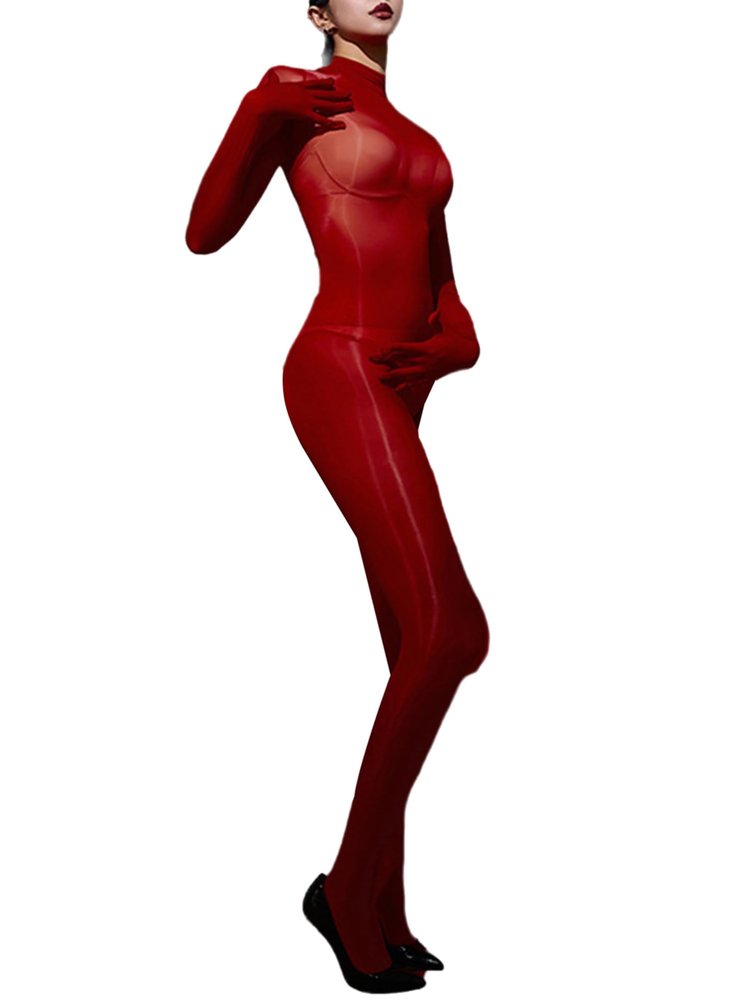 Alvivi Women's Oil Shiny Sheer Bodystockings Gloved Sleeve Back Zipper Jumpsuit Lingerie Nightwear Red One Size