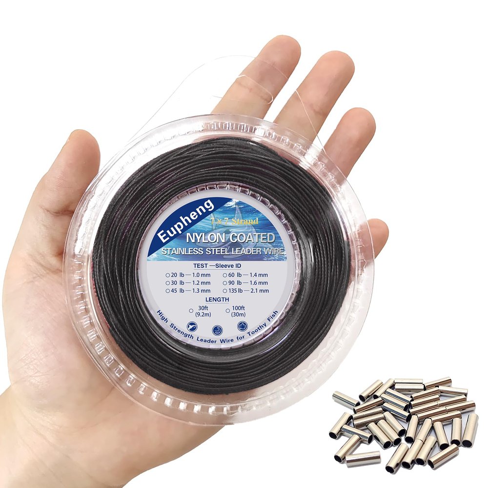 Eupheng Nylon Coated 1x7 & 7x7 Stainless Steel Leader Wire, Knottable Fishing Wire Leader Line for Saltwater, 20lb - 135lb Test in Black, Red in 30ft, 100ft Lengths, with Crimps Sleeves