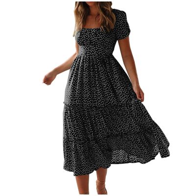 NineFit Basics Womens Summer Dresses midi Polka dot Dress Short Sleeve Ruffle Boho Dress Casual Trendy Vacation Elegant Sundress, Large, Black Black