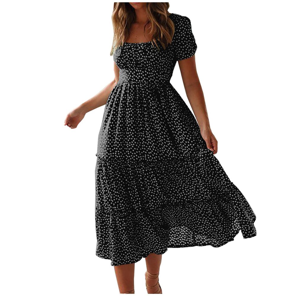 NineFit Basics Womens Summer Dresses midi Polka dot Dress Short Sleeve Ruffle Boho Dress Casual Trendy Vacation Elegant Sundress, Large, Black Black