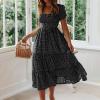 NineFit Basics Womens Summer Dresses midi Polka dot Dress Short Sleeve Ruffle Boho Dress Casual Trendy Vacation Elegant Sundress, Large, Black Black view 2