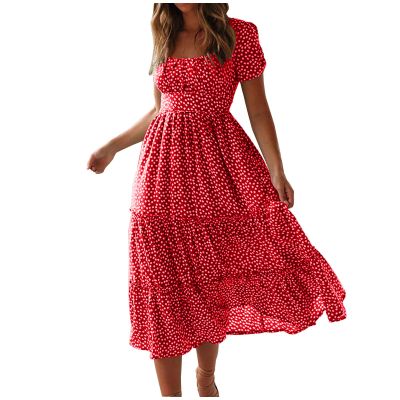 NineFit Basics Womens Summer Dresses midi Polka dot Dress Short Sleeve Ruffle Boho Dress Casual Trendy Vacation Elegant Sundress, Small, Red