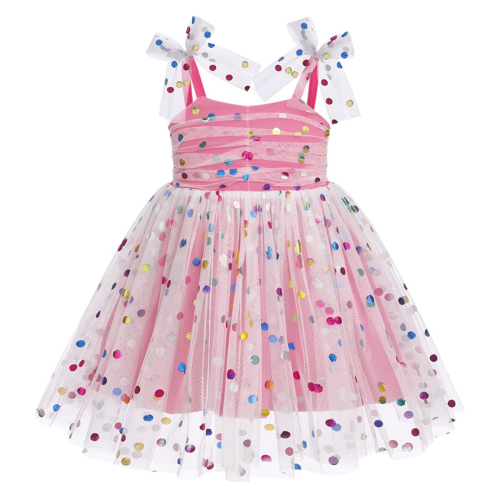 ABEHIK Toddler Girls Dresses Birthday Party Dress Baby Kids Bowknot Polka Dot Sequin Spaghetti Straps Tulle Tutu Princess Dress Pageant Holiday Cake Smash Photoshoot Dress Hot Pink 12-18M