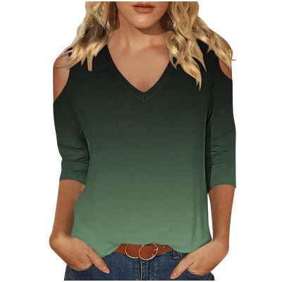 3/4 Length Sleeve Womens Tops Sexy Off The Shoulder Tops for Women Summer V Neck T-Shirt Solid Color/Graphic Tees 2025 Casual Clothes Business Dressy Top Trendy Going Out Shirts Boho Fashion Cute