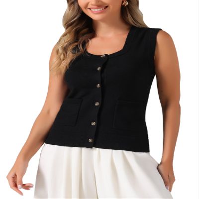 Allegra K Sweater Vest for Womens Summer Scoop Neck Top Button Sleeveless Ribbed Knitted Tank Top X-Small Black