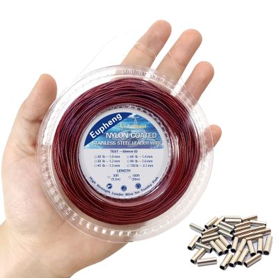 Eupheng Nylon Coated 1x7 & 7x7 Stainless Steel Leader Wire, Knottable Fishing Wire Leader Line for Saltwater, 20lb - 135lb Test in Black, Red in 30ft, 100ft Lengths, with Crimps Sleeves