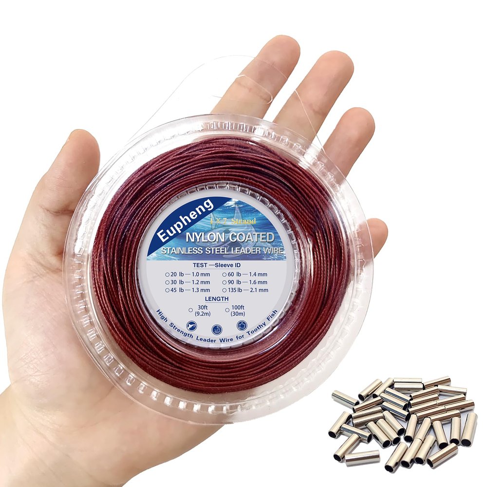 Eupheng Nylon Coated 1x7 & 7x7 Stainless Steel Leader Wire, Knottable Fishing Wire Leader Line for Saltwater, 20lb - 135lb Test in Black, Red in 30ft, 100ft Lengths, with Crimps Sleeves