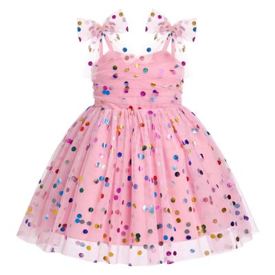 ABEHIK Toddler Girls Dresses Birthday Party Dress Baby Kids Bowknot Polka Dot Sequin Spaghetti Straps Tulle Tutu Princess Dress Pageant Holiday Cake Smash Photoshoot Dress Deep Pink 3-4Y